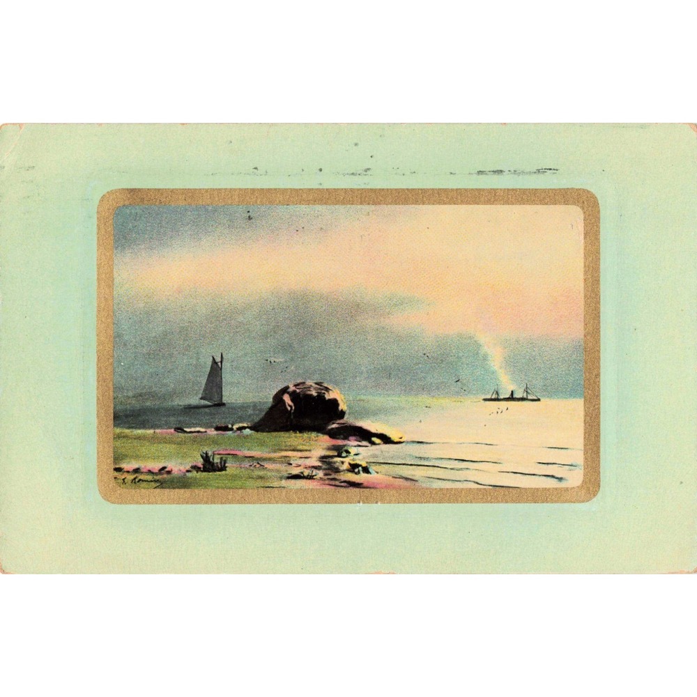 Vintage 1910 Postcard Syracuse NY Postmark Sailboat Steamship Coastal Scene VG - Picture 1 of 2